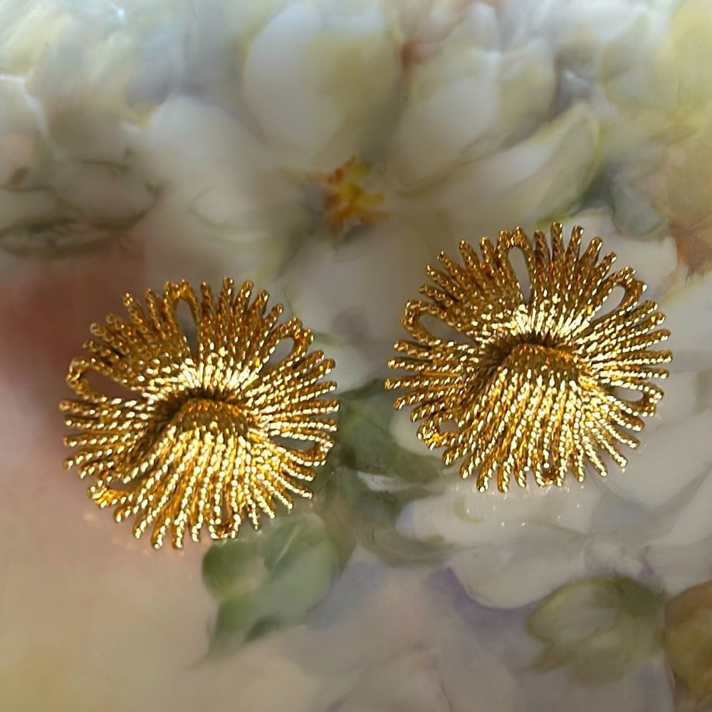 Vintage Monet Cordelia Gold Plated Enamel Pierced Chrysanthemum Earrings